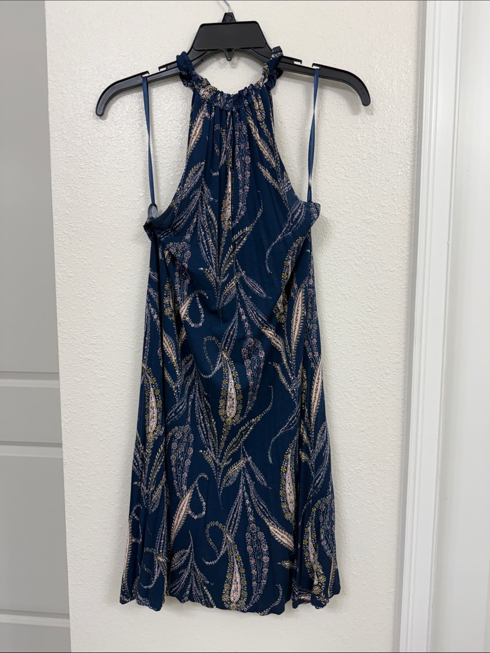 Loft size small Navy Halter Maxi Dress with Metallic Feather Print